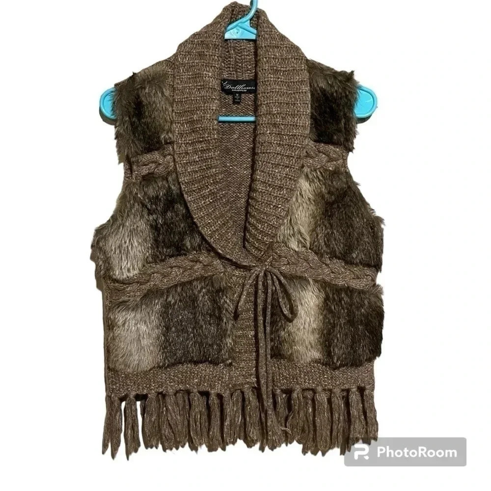 Dollhouse Faux Fur Knit Wool Blend Cropped Fringe Vest Women's M Boho Layers